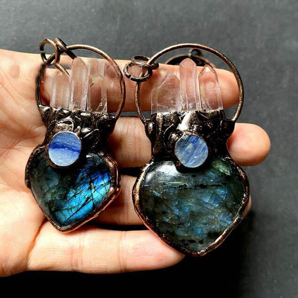 Natural Quartz Crystal Amethyst Labradorite Heart Pendant Necklace Healing USA