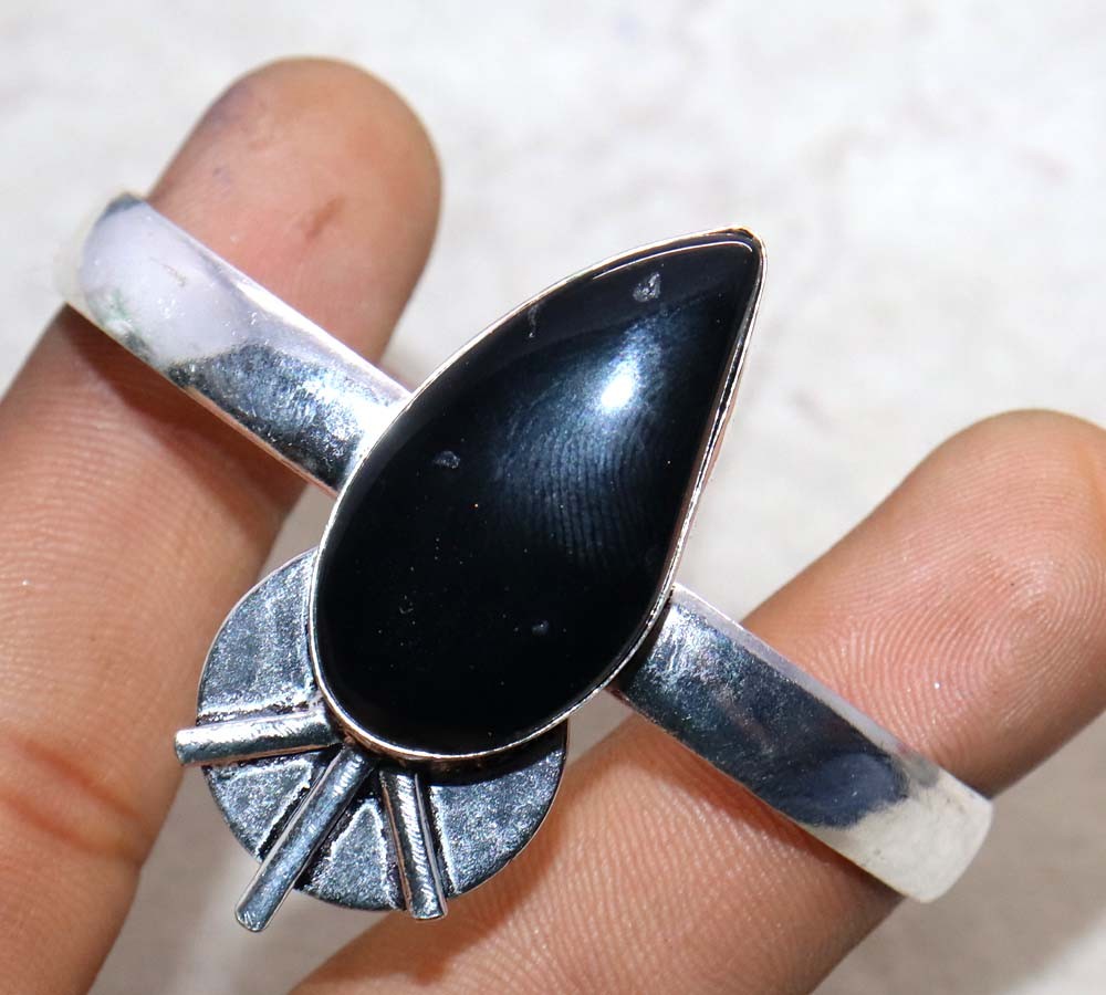 Exclusive Black Onyx 925 Silver Plated Bangle FreeSize Bridal Style Jewelry GW