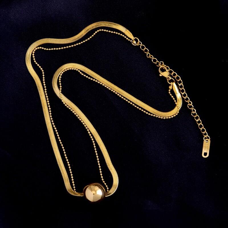 Woman 18k Gold Plated Stainless Steel 2 Layers Ball Charm bead Chain Necklace