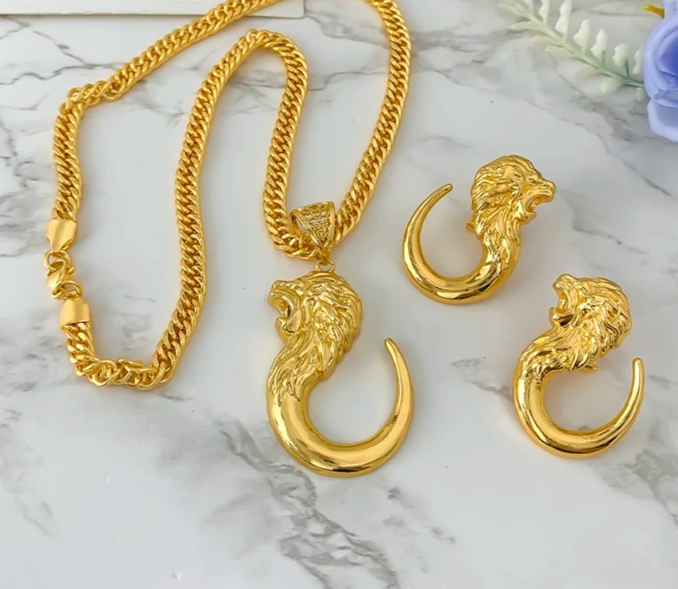 47cm African 18K gold plated Animal Lion Hook Pendant Necklace Earrings Set