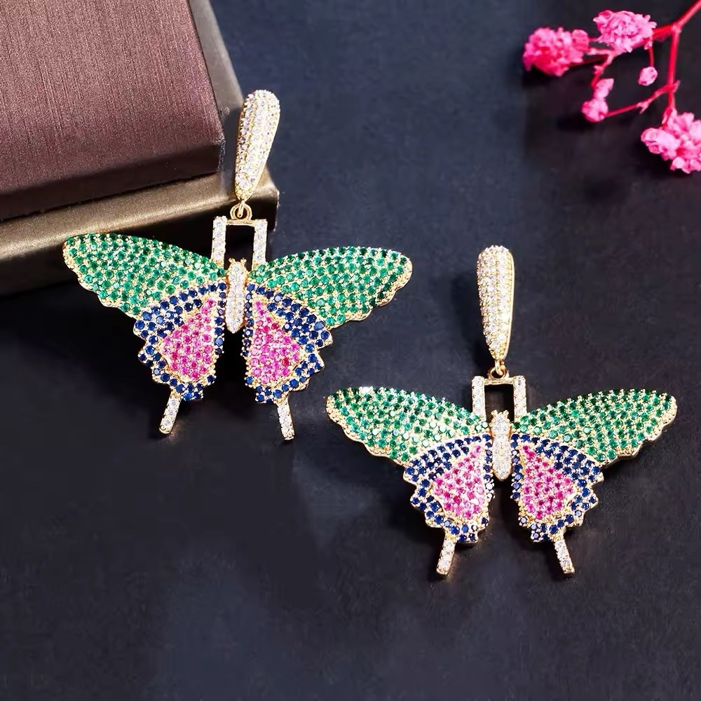 Fancy Multicolor Cubic Zirconia Dangle Drop Big Butterfly Wings Earrings