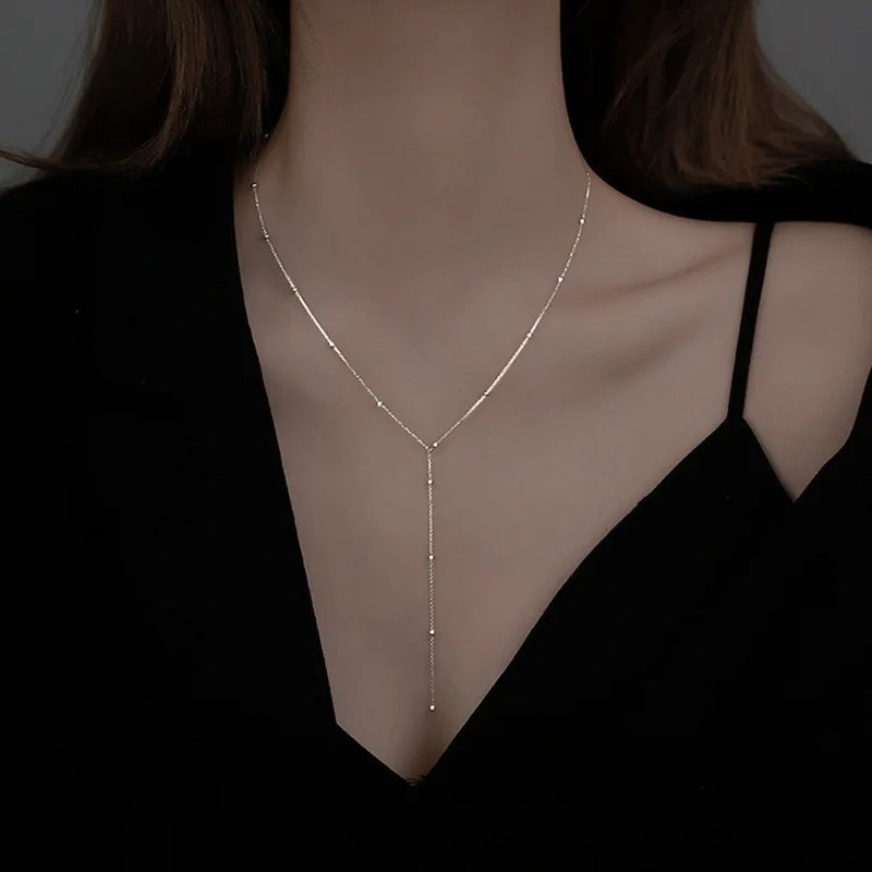 Colorful Glass Y-Shaped Necklace Women Long Collarbone Chain Summer Jewelry 31in