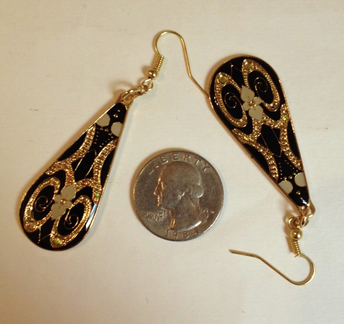 Black Resin Earrings Tear Drop Gold Metal Iridescent Rhinestones Retro Pierced