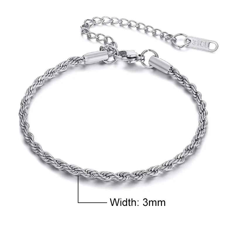 Unisex Rope Chain Bracelets for Men Women, Stainless Steel Twisted Links Chain