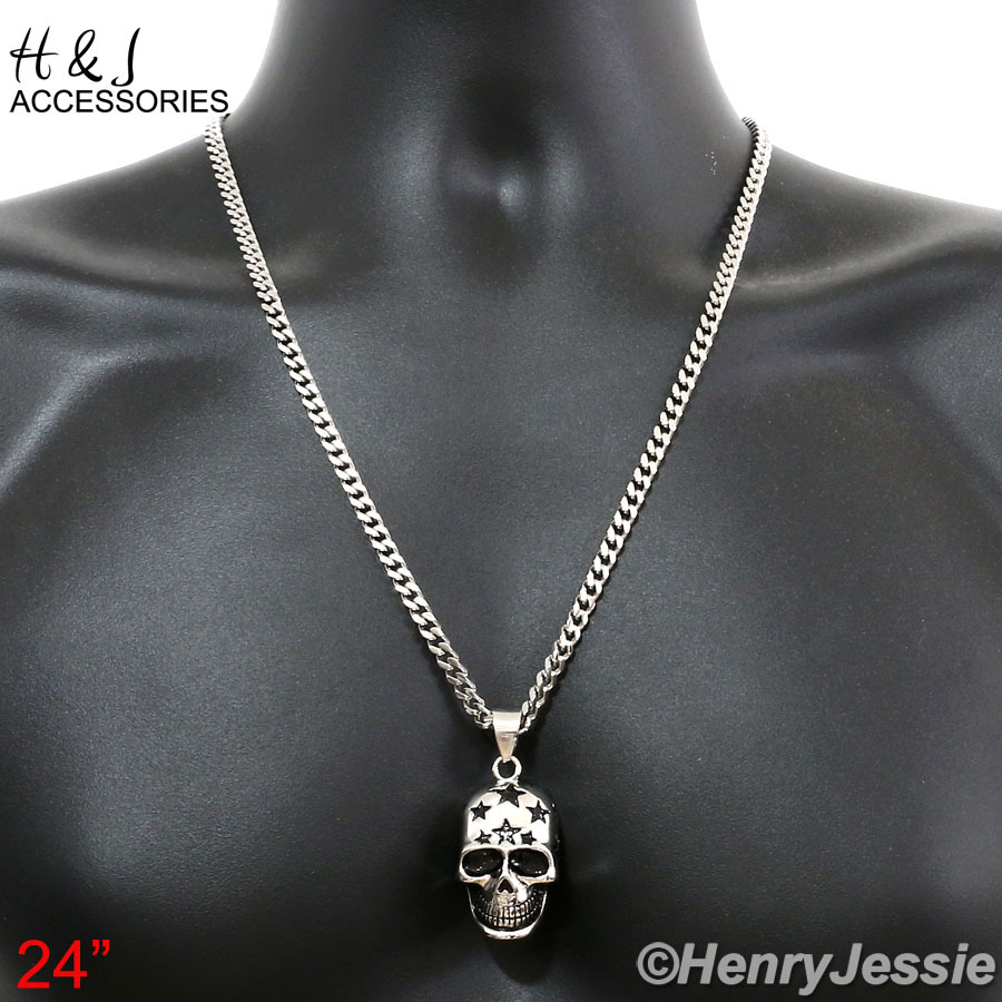 24″MEN Stainless Steel 5mm Silver Cuban Curb Link Chain Skull Head Pendant*P84