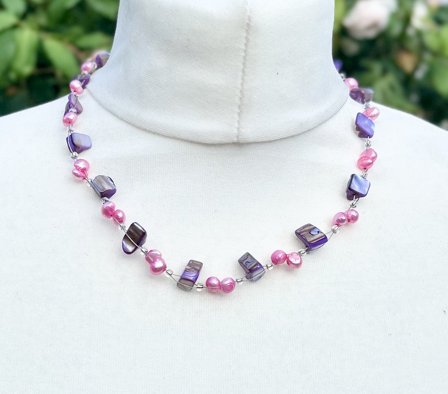 Freshwater Baroque Pink Pearls Purple Shell Chip Bead Wire Handmade Necklace 359