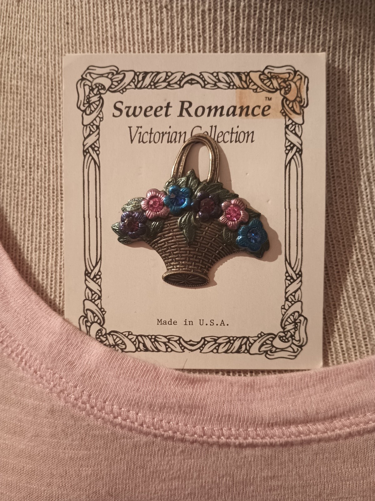 Vintage SWEET ROMANCE Multicolor Basket Of Rhinestone Flowers Brooch USA NOS