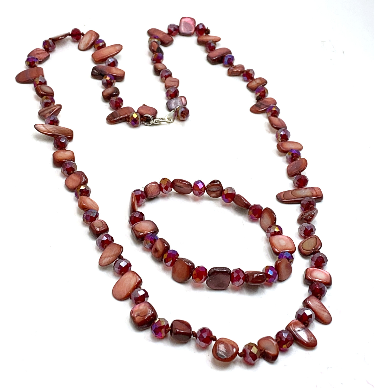 Long Red Necklace Bracelet Abalone Shell Crystal Hand Knotted 31 In