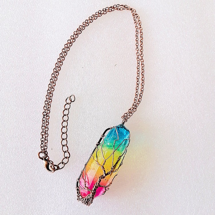 Natural Crystal Pillar Necklace Tree of Life Wire Wrapped Pendant Boho Jewelry