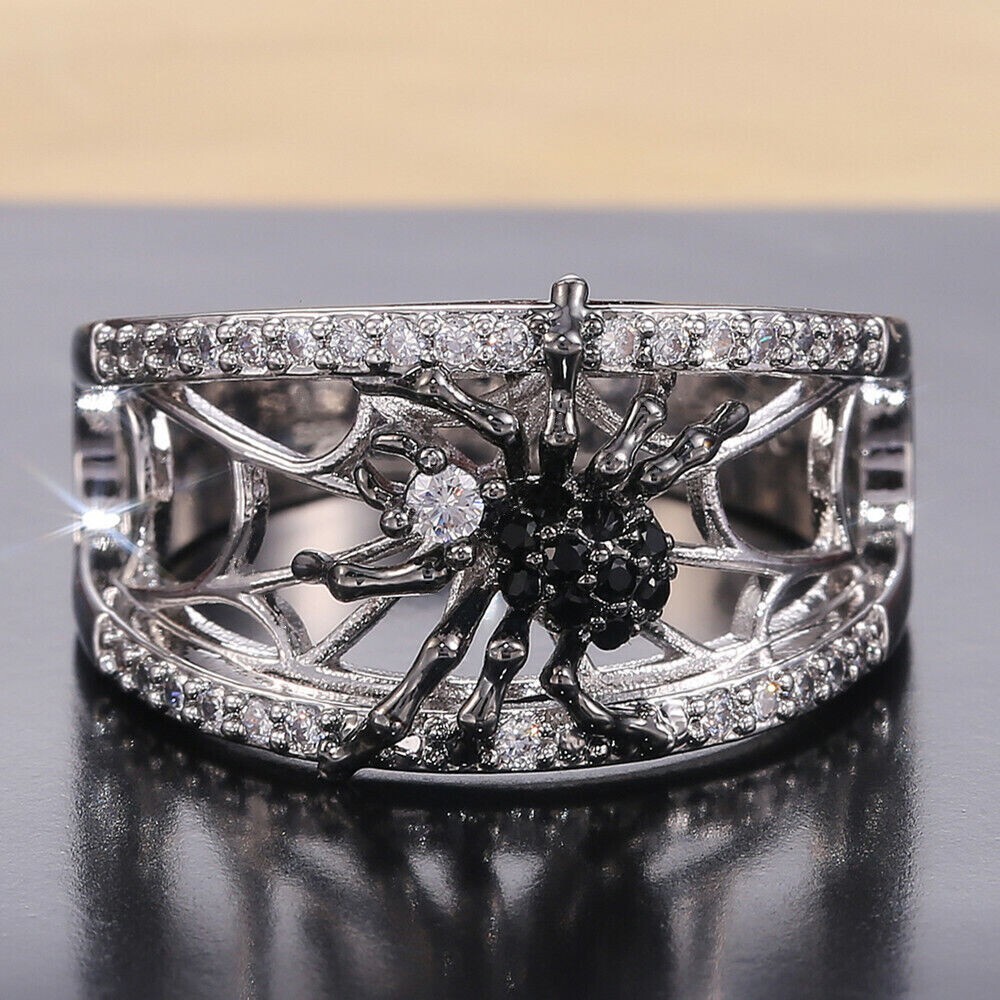 925 Sterling Silver Black And White Topaz Spider Wedding Engagement Ring Size 8