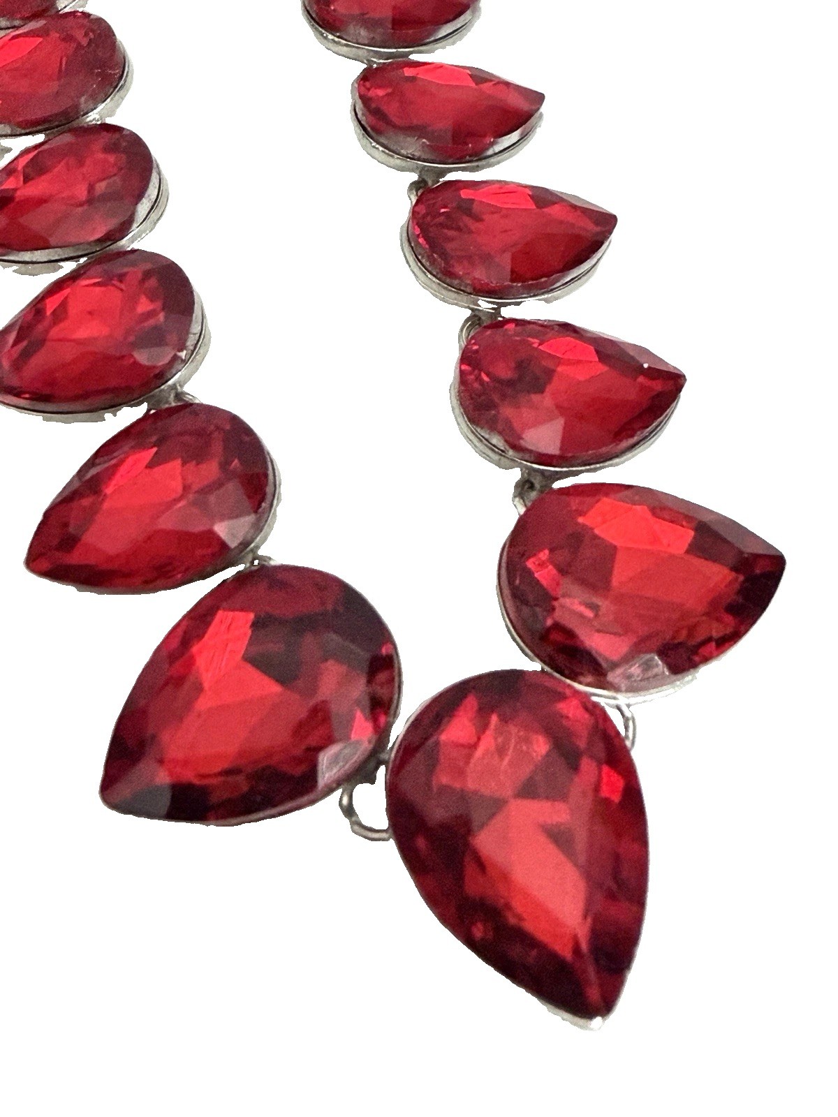 Unsigned Silver Tone Chunky Red Crystal Teardrop Fashion Statement Necklace