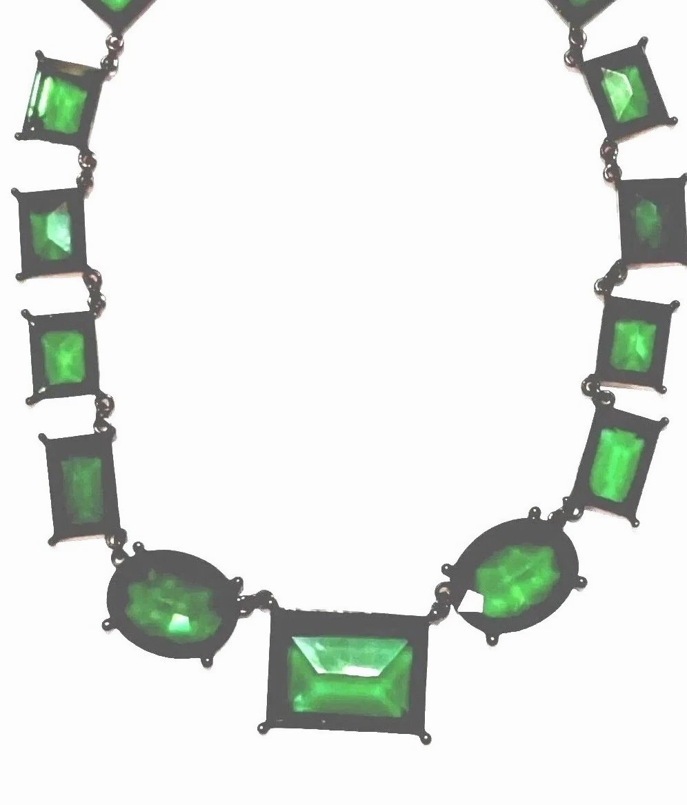 Large Bold Chunky Plastic Necklace Emerald Tone Dark Green Shapes Black Metal