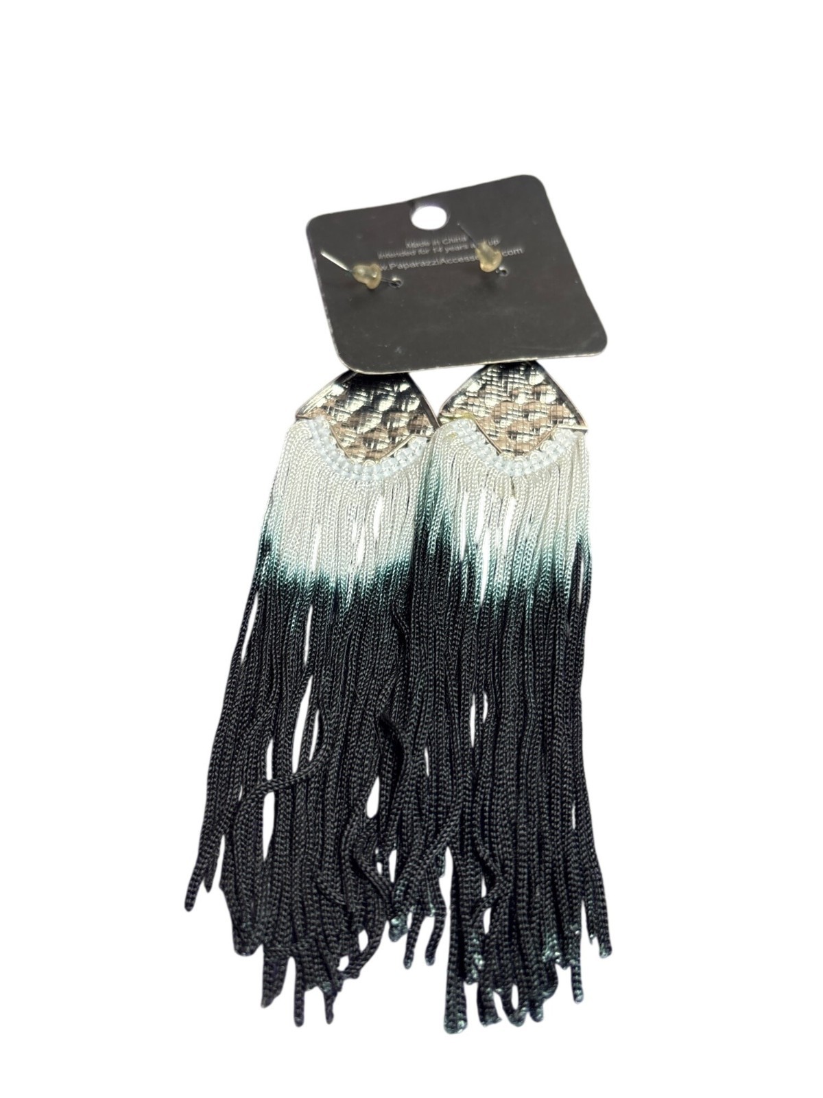 Paparazzi Hammered Silvertone Dangle Earrings Fringe White Blue Black 4.5 in New