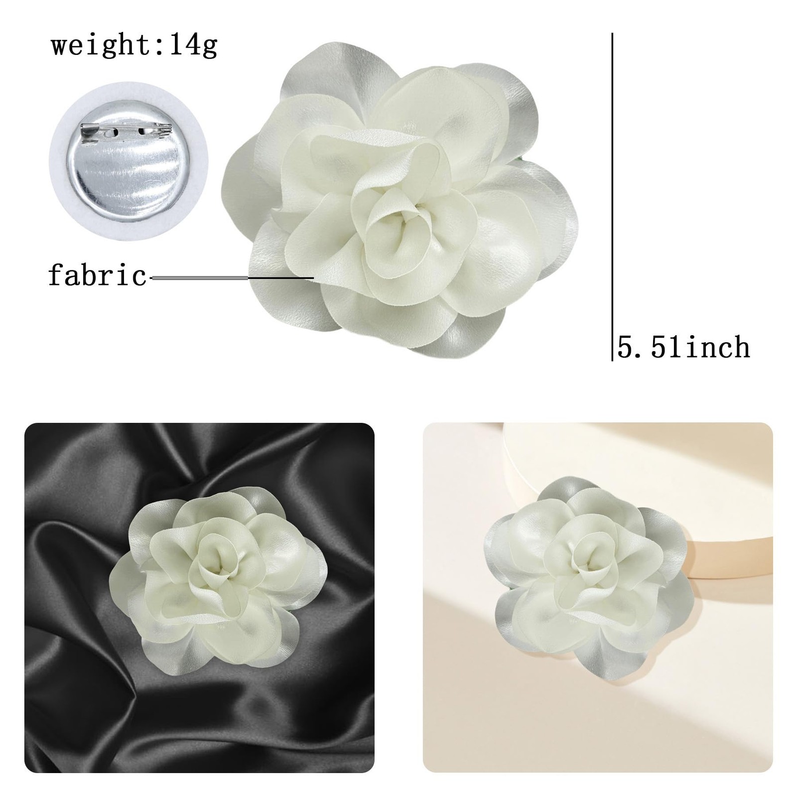 Dainty Satin Fabric Large Rose Floral Brooch Pin Womens Camellia 5.5 Inch