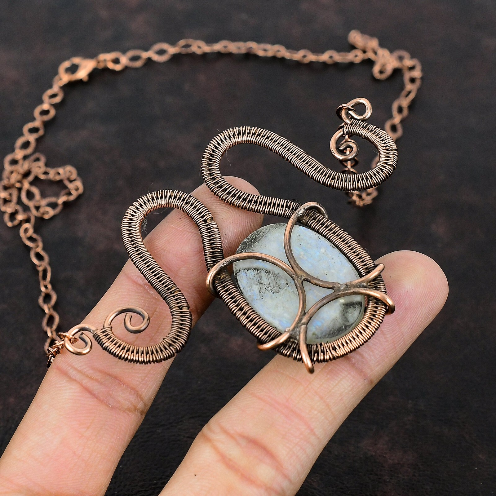 Rainbow Moonstone Wire Wrapped Adjustable Handcrafted Copper Ethnic Gift 18.0″