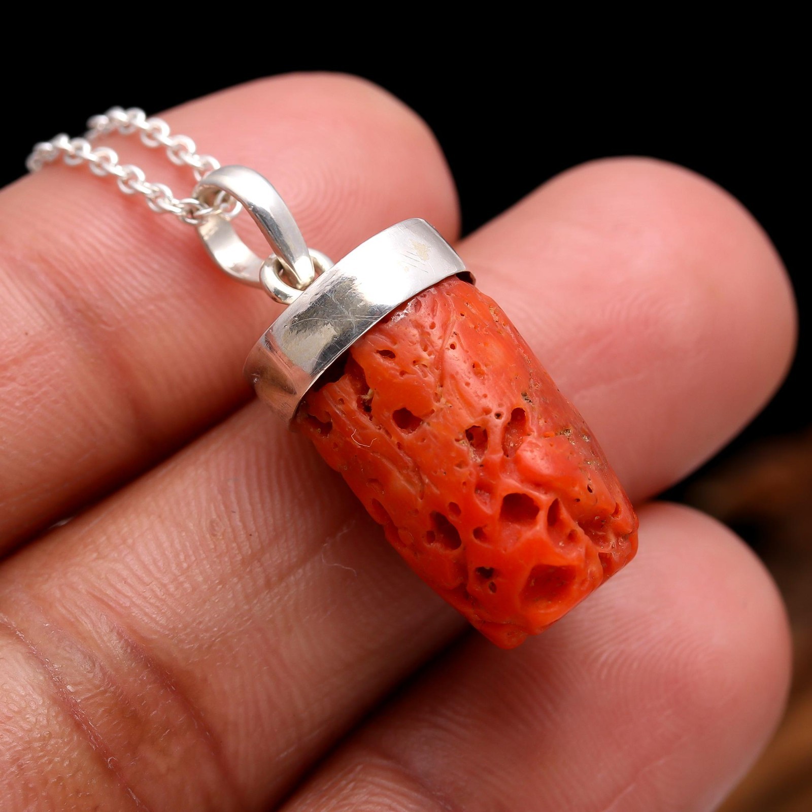 Natural Italian Red Coral Raw Chain Pendant 925 Sterling Silver Designer Jewelry