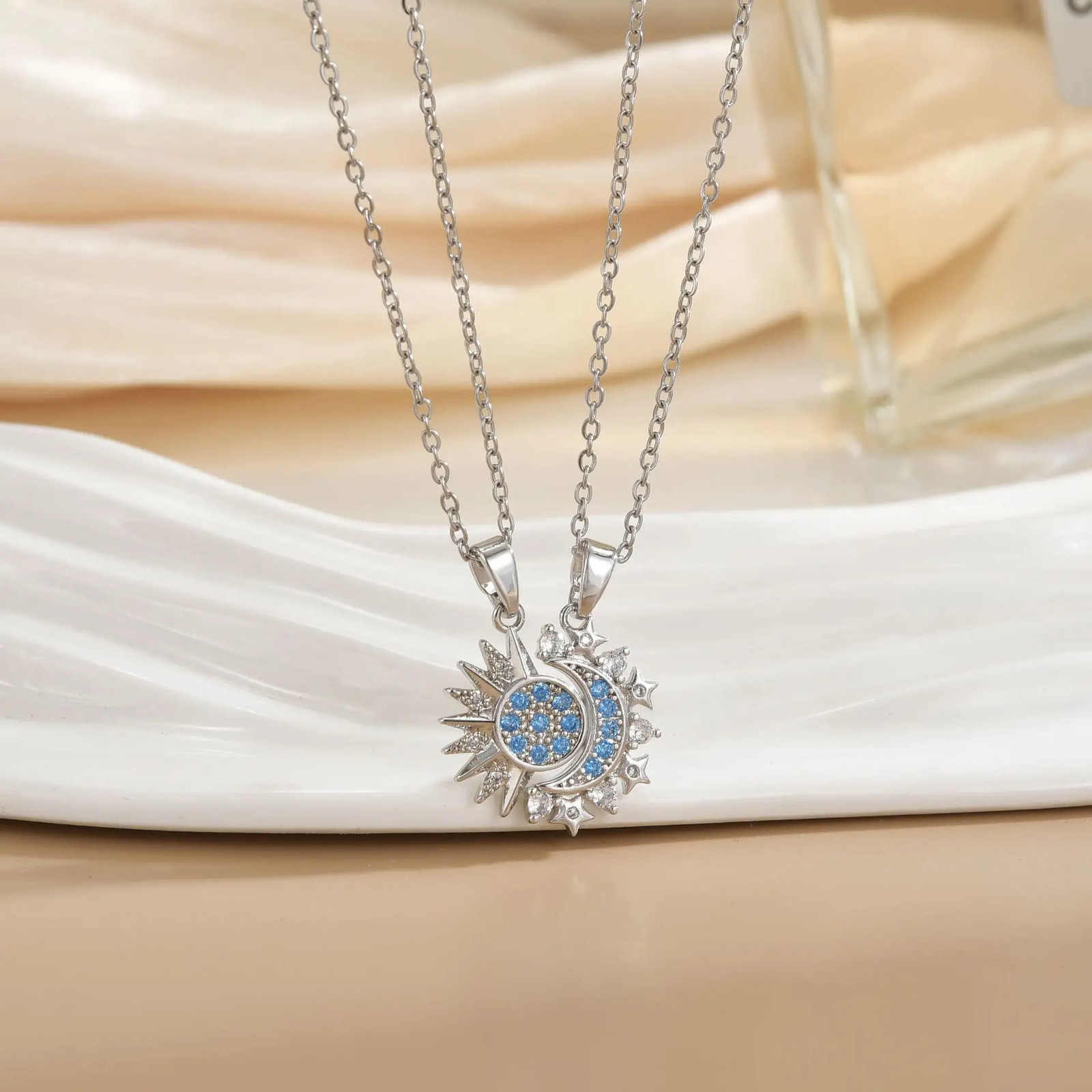 Couple Sun Moon Pendant Necklace Open Ring Set Retro Jewelry Gift