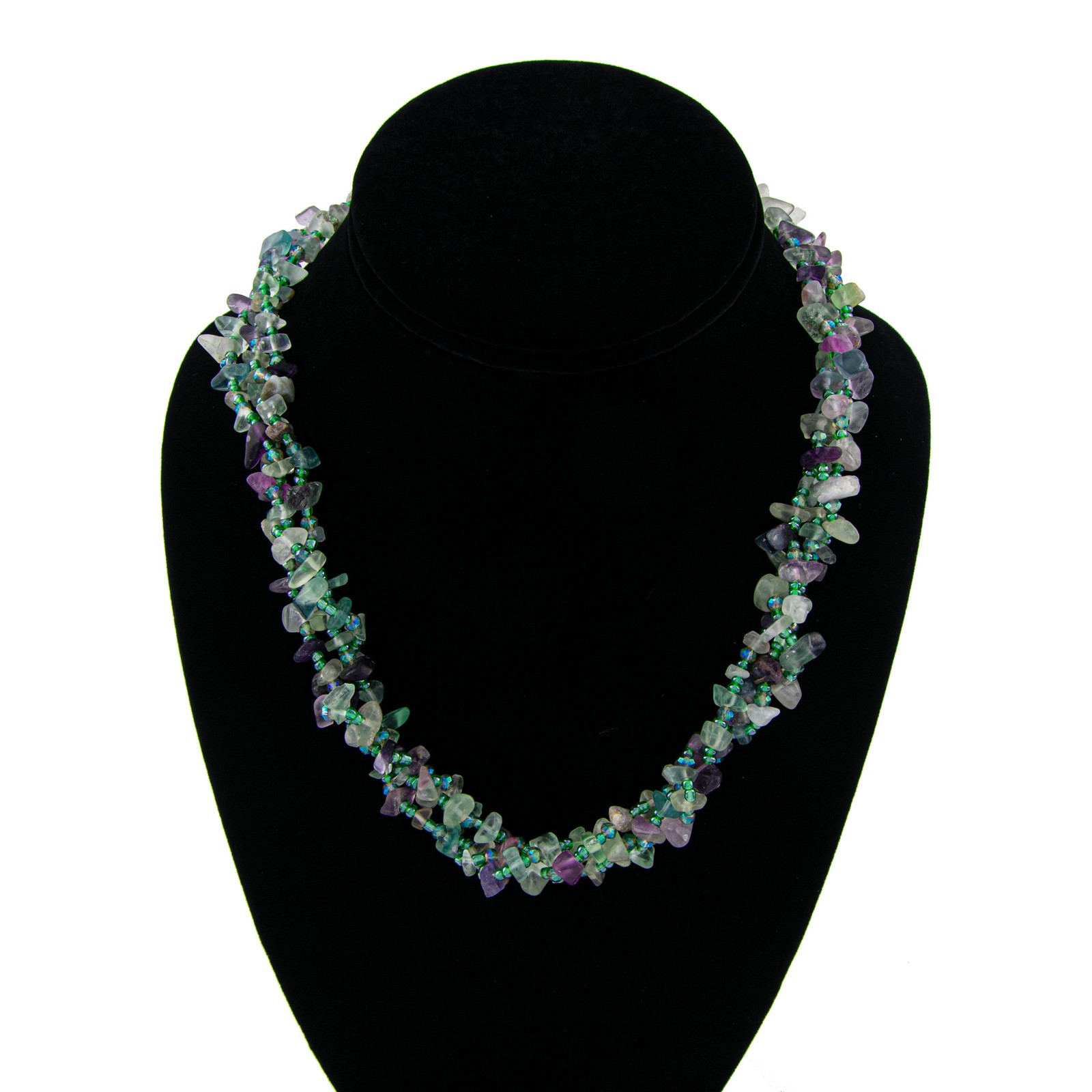 Genuine Fluorite Stone Green and Purple Twisted Beaded Necklace