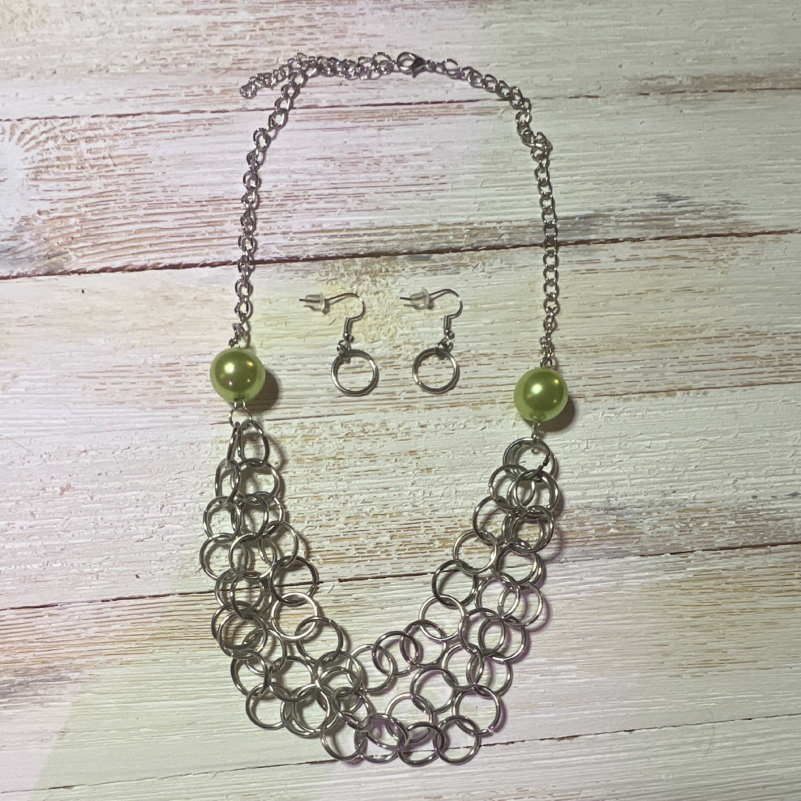 Silver Tone Chain Link Necklace & Dangle Earrings Jewelry Set Green Beads