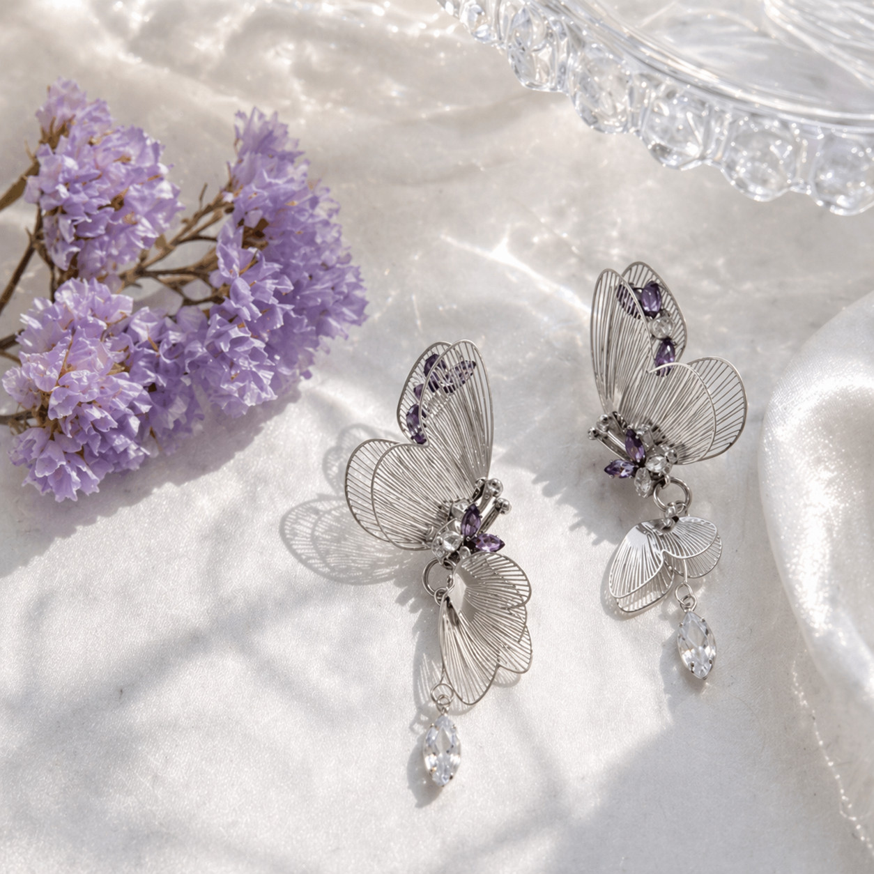 Butterfly Dangle Earrings Silver Elegant Drop Earrings Sparkling Jewelry Gift