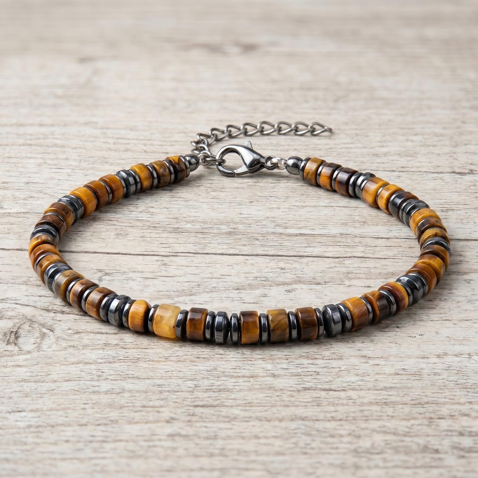 Tiger Eye & Hematite Bracelet Adjustable Stainless Clap Confidence Grounding