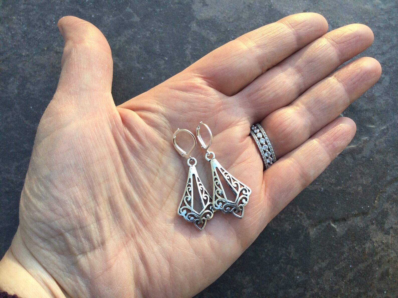 Silver Filigree Dangle Earrings with Sterling Silver Leverbacks