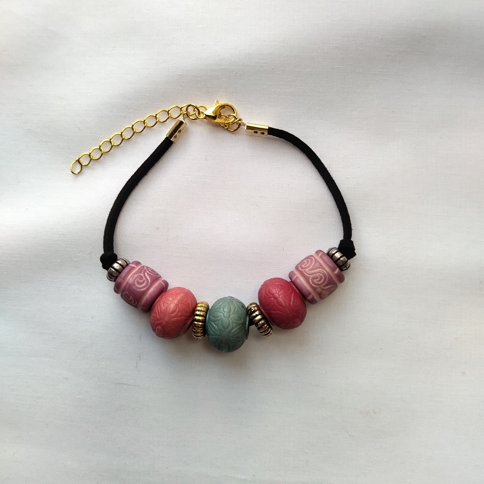 Beaded Bracelet Multicolor Gold Tone Lobster Black Suede Cord Artisan Boho Earth