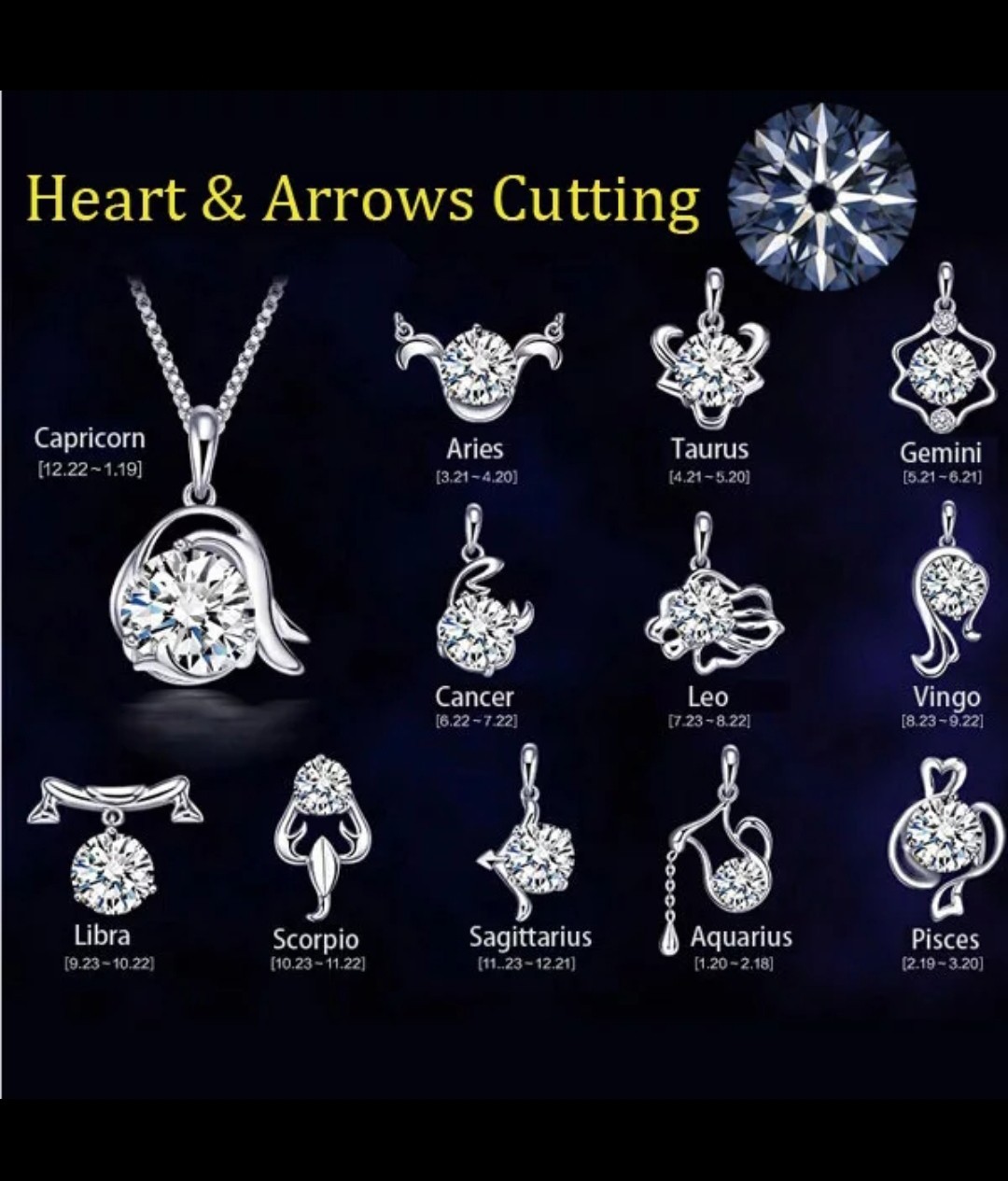 Women’s Jewelry Zodiac Signs 12 Constellations Crystal Pendant Necklace 58-1