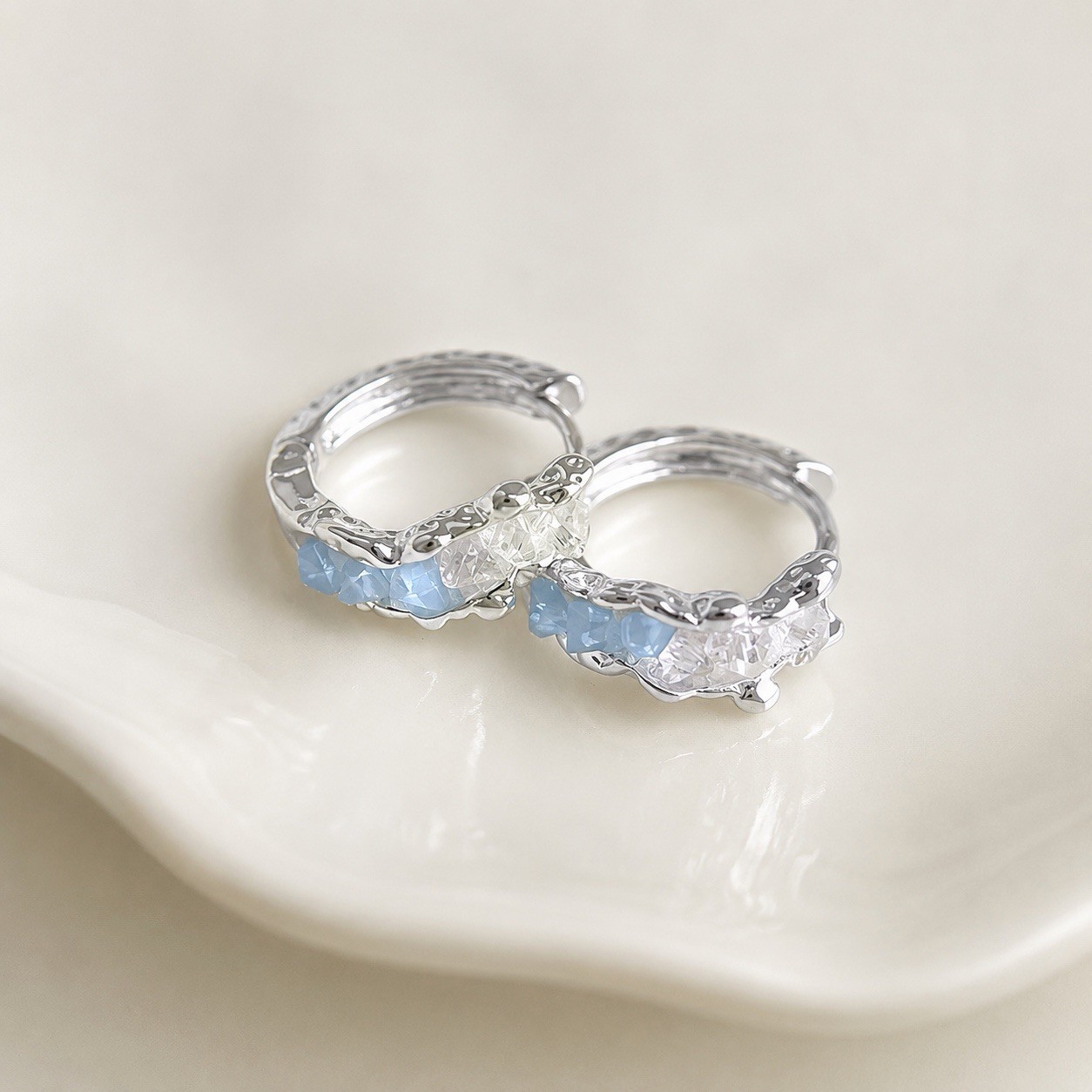 925 Silver Glass Crystal Huggie Hoop Earrings Minimalist Irregular Crystal A15