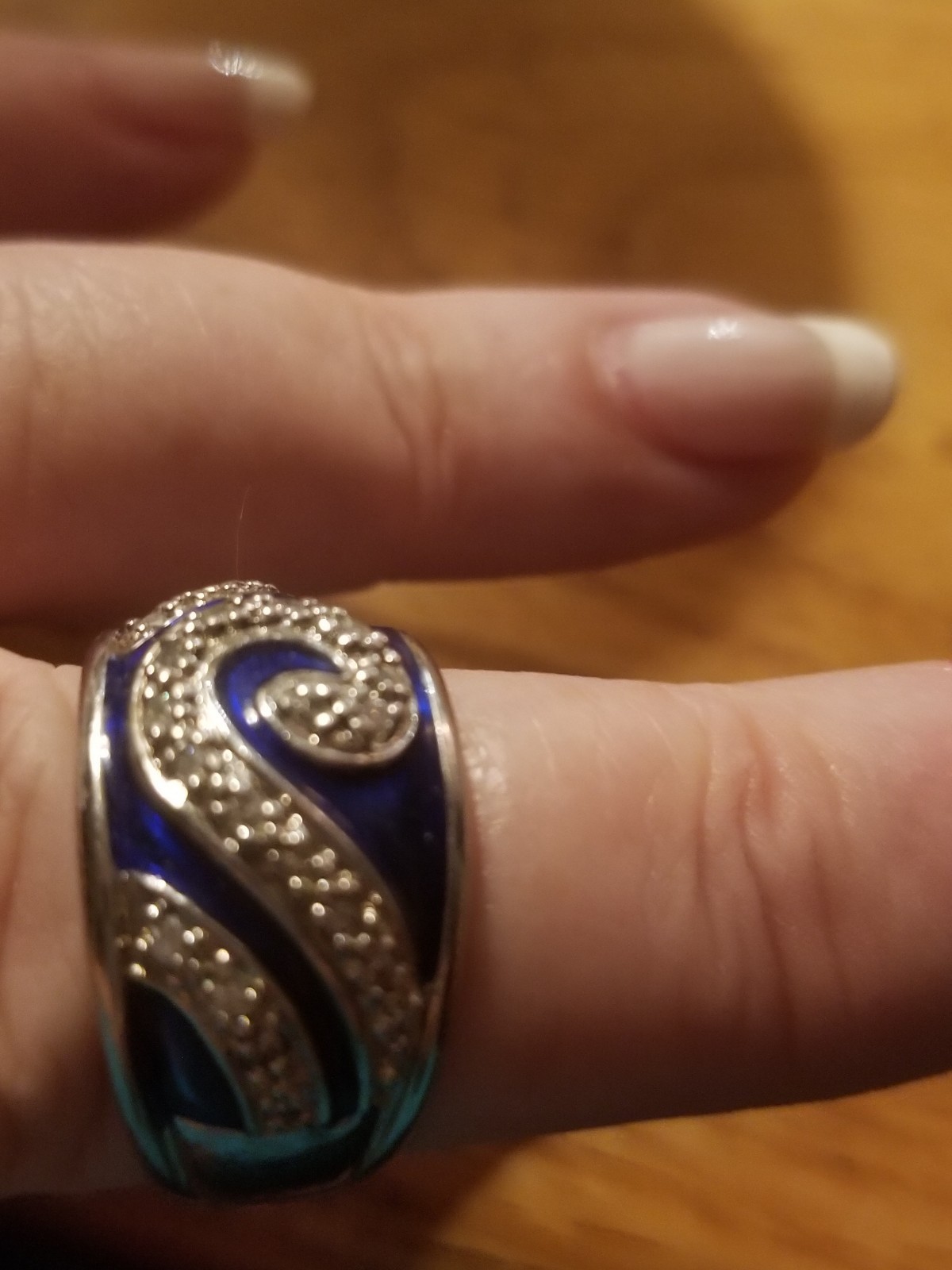 Vintage Hildago? Blue Enamel CZ Wave Ocean 925 Band Ring Sterling Silver 8.2 G