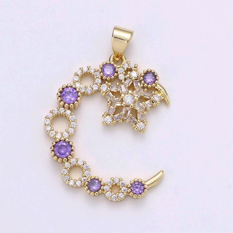 24k Gold Micro Pave CZ Star, Purple CZ & Crescent Moon Pendant DIY Jewelry Charm