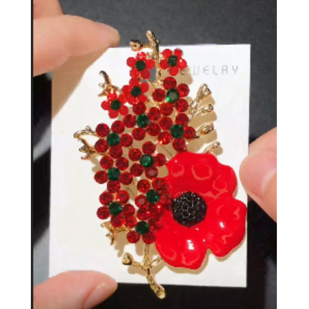 Beautiful Poppy Flowers Brooch Pin – Rhinestone Enamel Jewelry Gift USA
