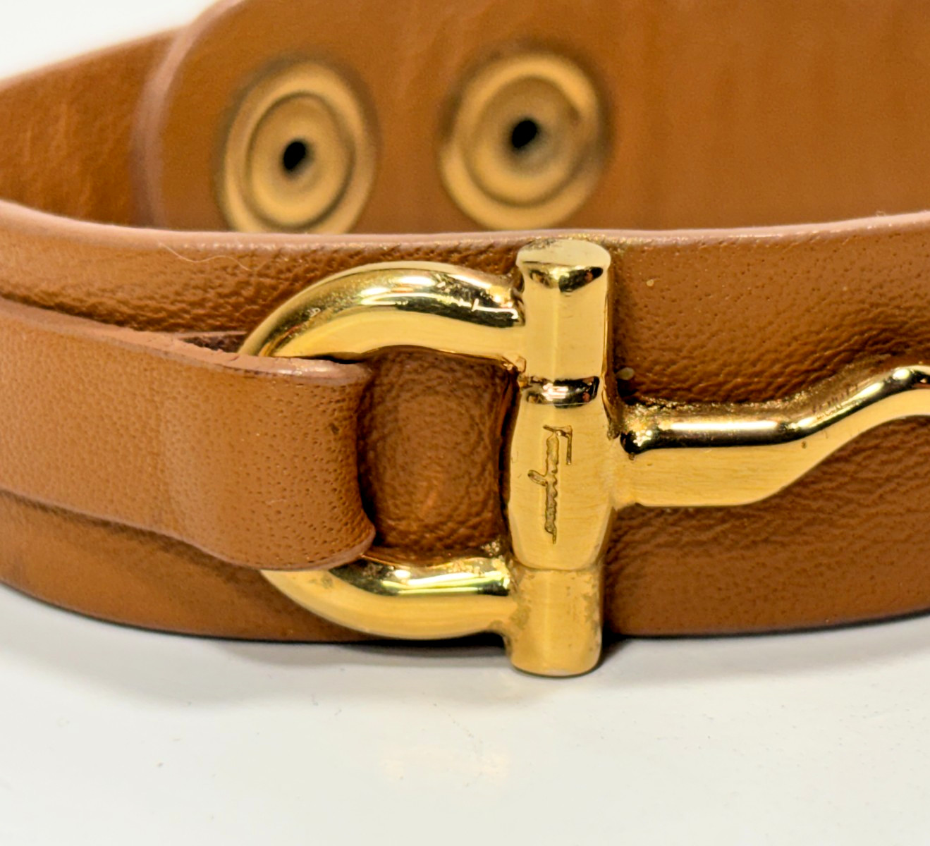 Womens Salvatore Ferragamo Tan Leather w Gold Horsebit Hardware Medium Bracelet