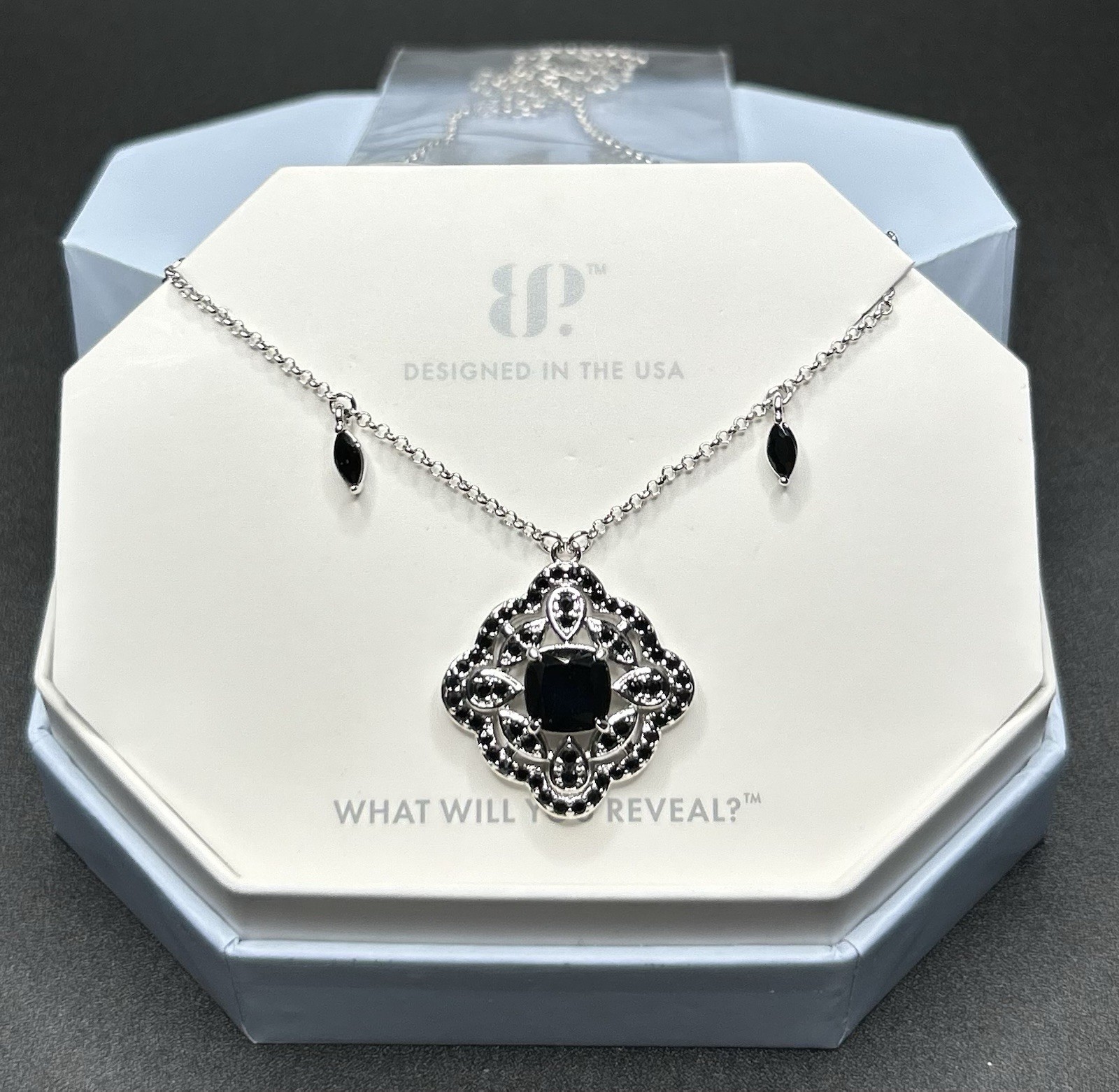 Bomb Party Necklace NK63760 ‘Neckline Negotiator’ Black Onyx CZ Rhodium Plating