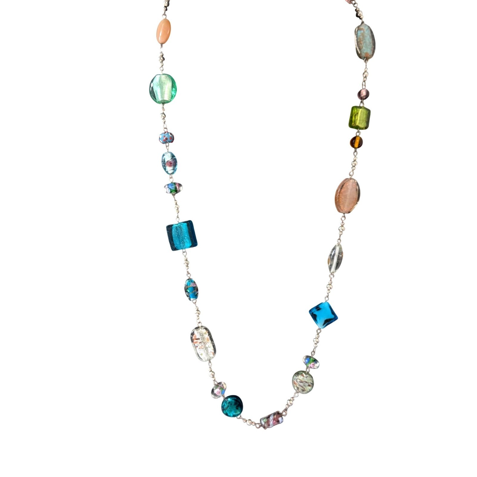 Necklace Murano Lampwork Glass Beaded Tutti Frutti Boho Silver Tone 32+3 inches