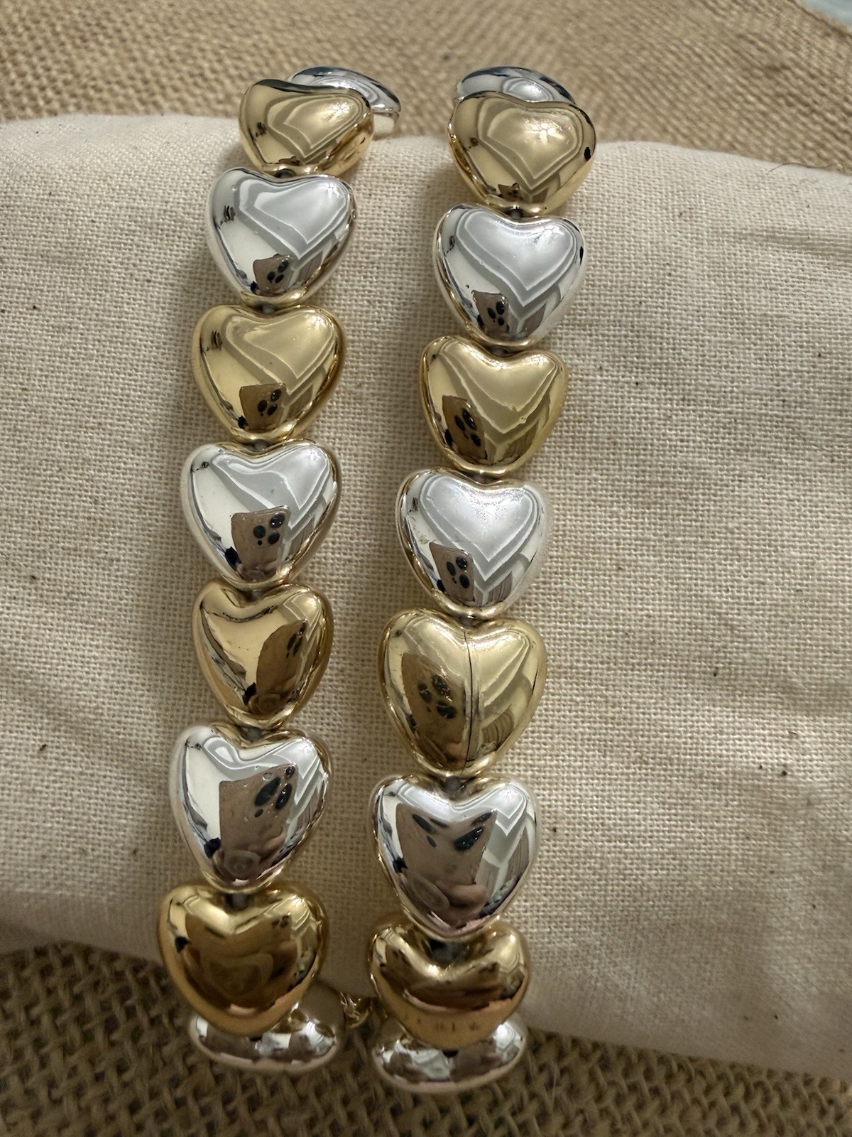 J. Crew Gold and Silver Heart Stretch Bracelet Duo Mixed Metal Hearts New