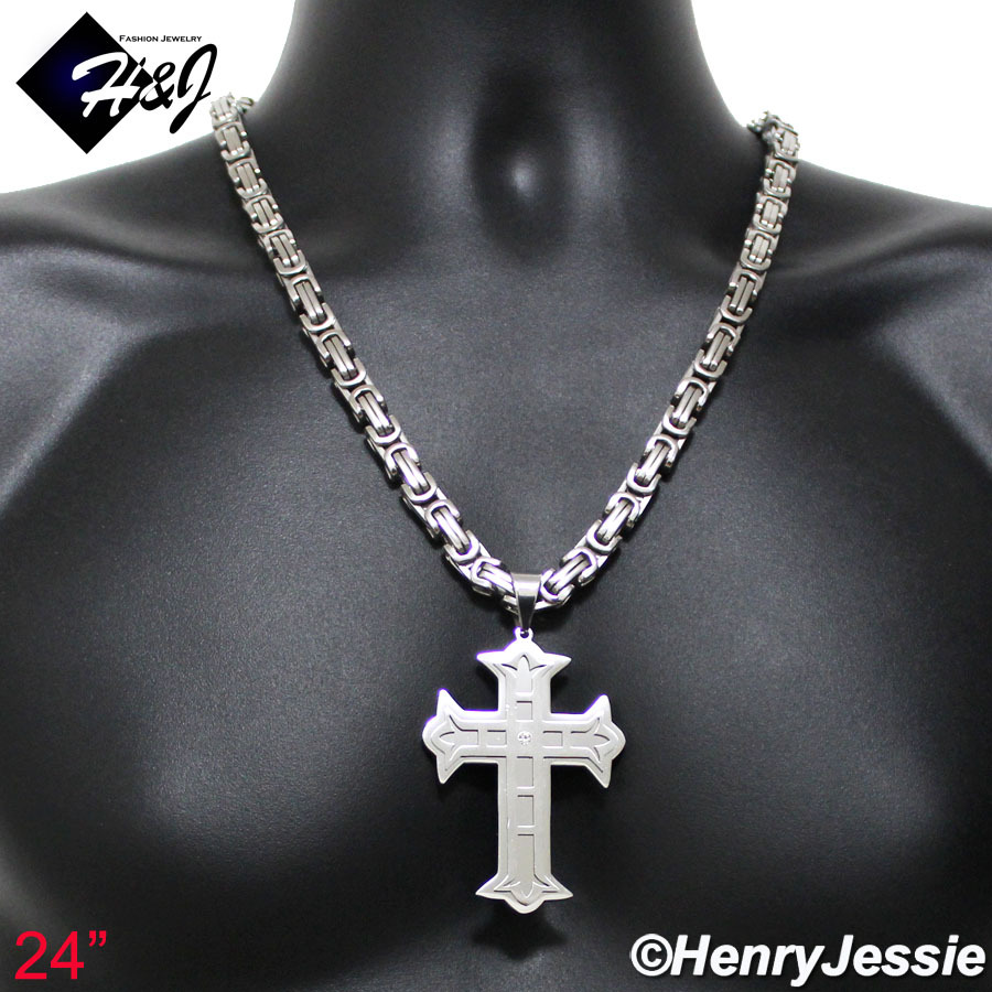 18″-40″MEN Stainless Steel 9mm Silver Box Link Chain Icy CZ Cross Pendant*L5
