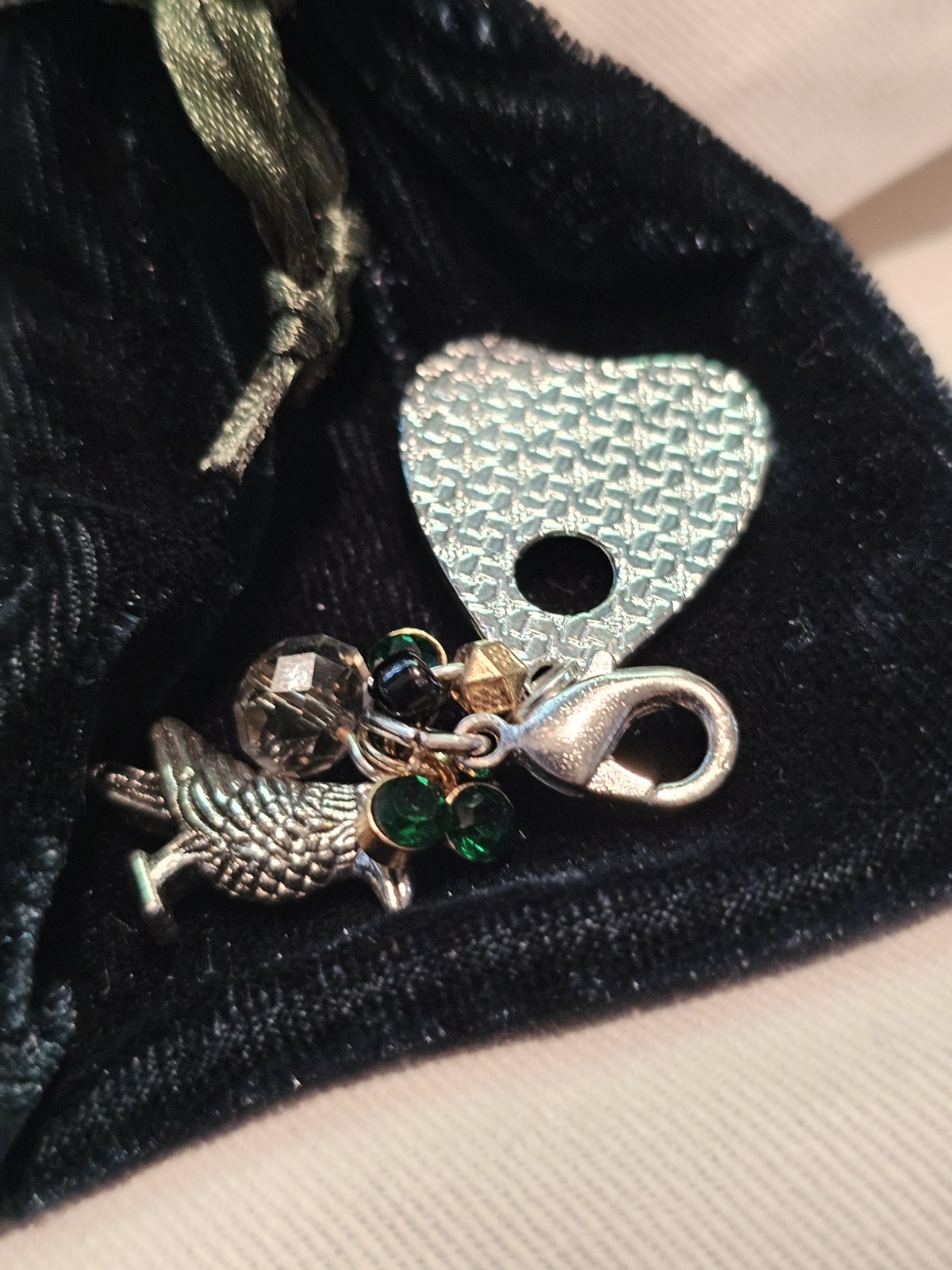 Silver Crow Planchette Dangle Charm Lobster Clasp Crystal Velvet Set