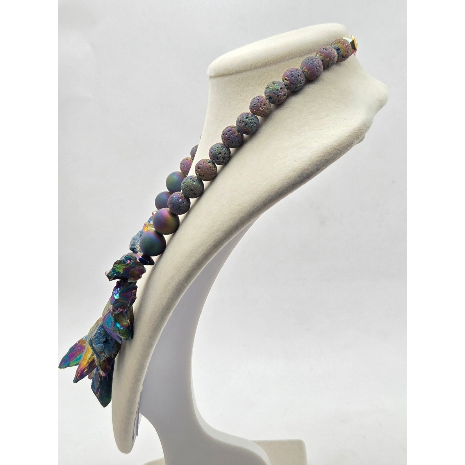 Raw Rainbow Aura Titanium Quartz & Lava Rock Statement Bib Necklace – 16″