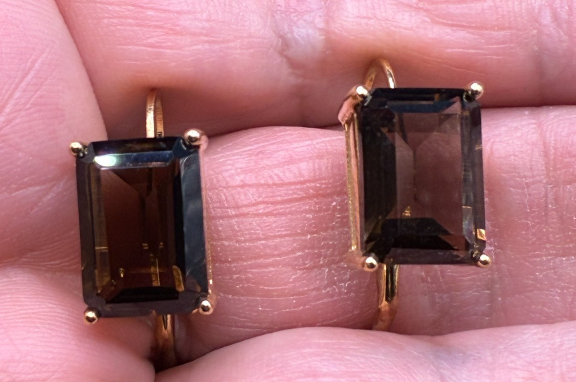 Smoky CZ Earrings SETA Emerald Cut Prong Set Lever Back Gold Tone .75″