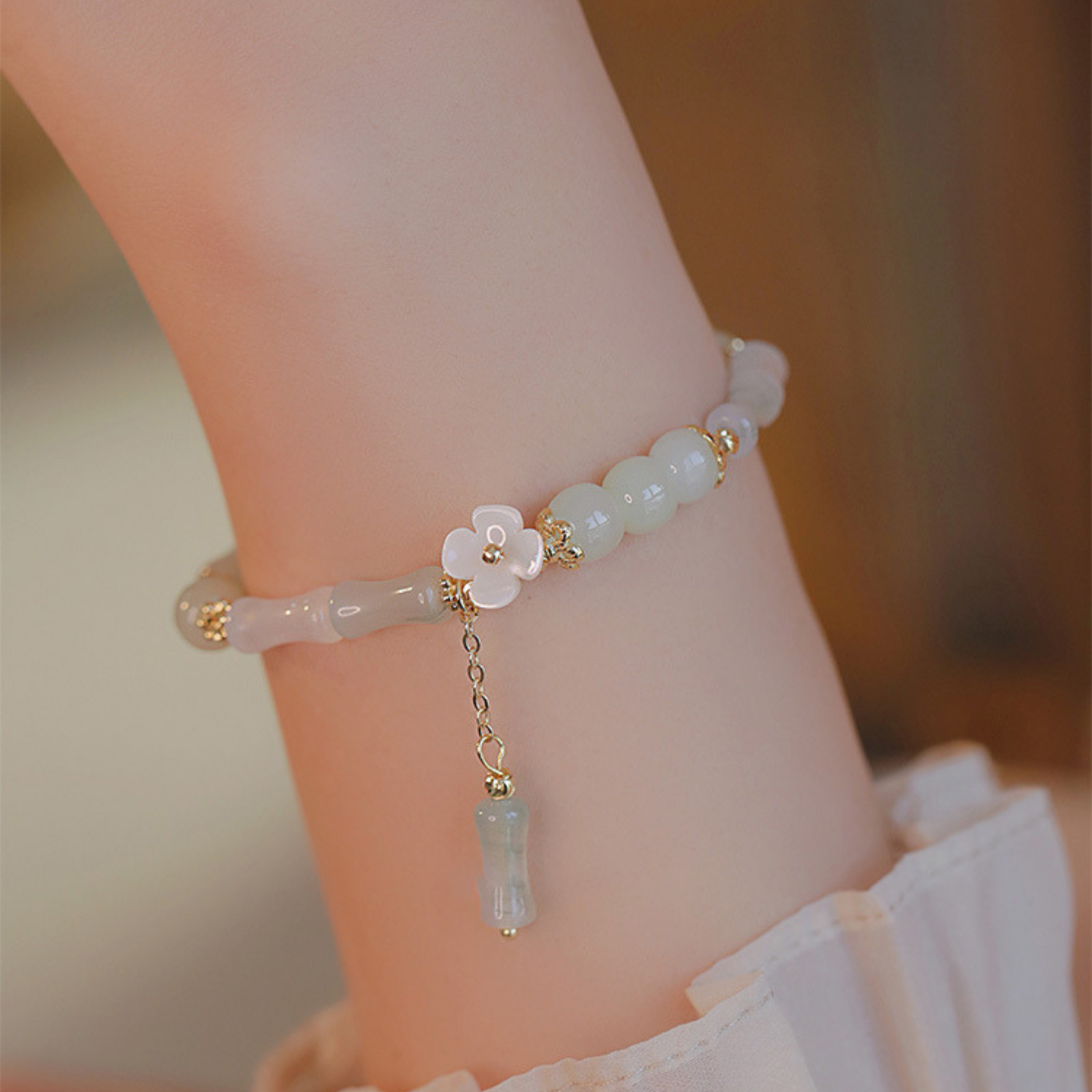 Genuine Hetian Jade Bracelet Bamboo Style Mother of Pearl Flower Gold Plated