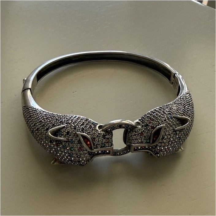 Silver Tone Animal Head Bangle Bracelet with Rhinestone Accents, Snap Closure
