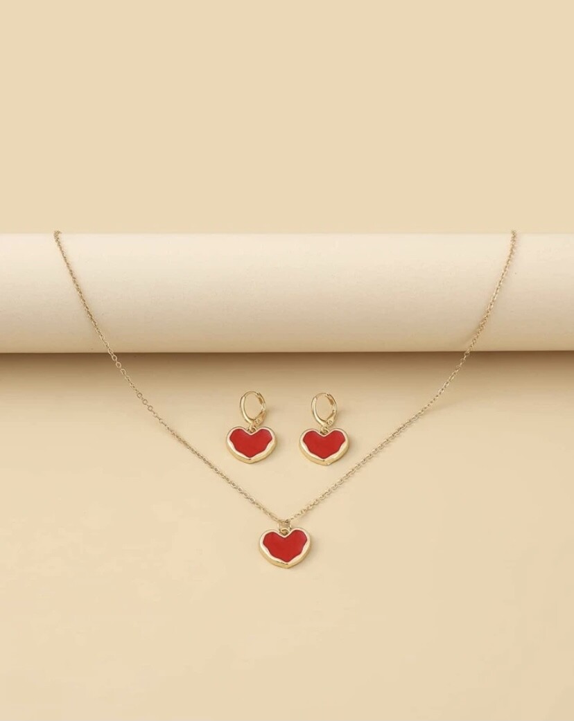 Heart Red White Black gold chain Necklace Earrings huggie Set 3PCS UK Gift