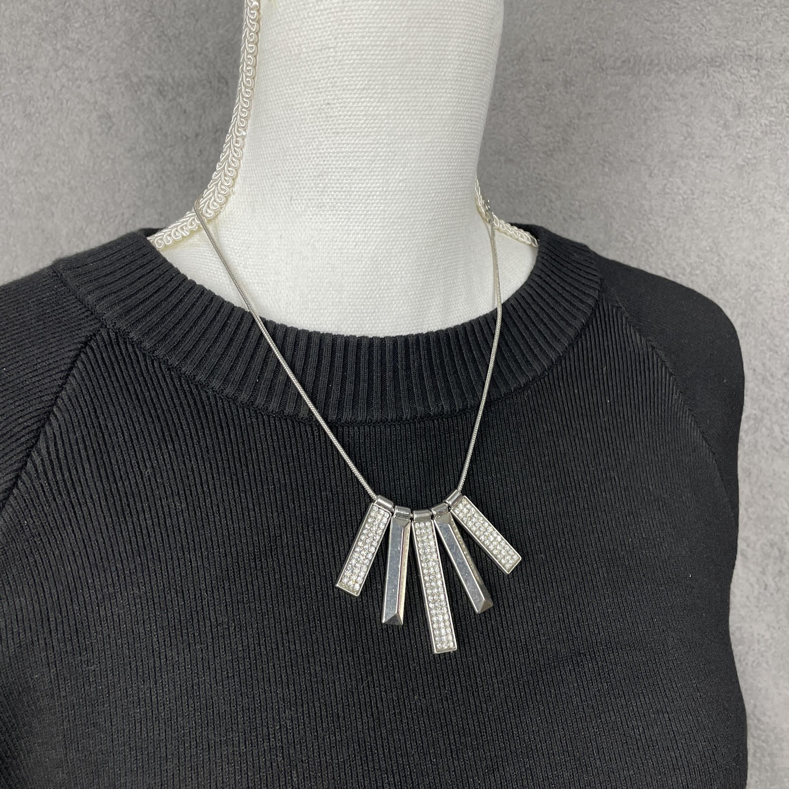 Necklace Silver Tone White Rhinestone Bar Bib 19 In Womens Statement Jewelry
