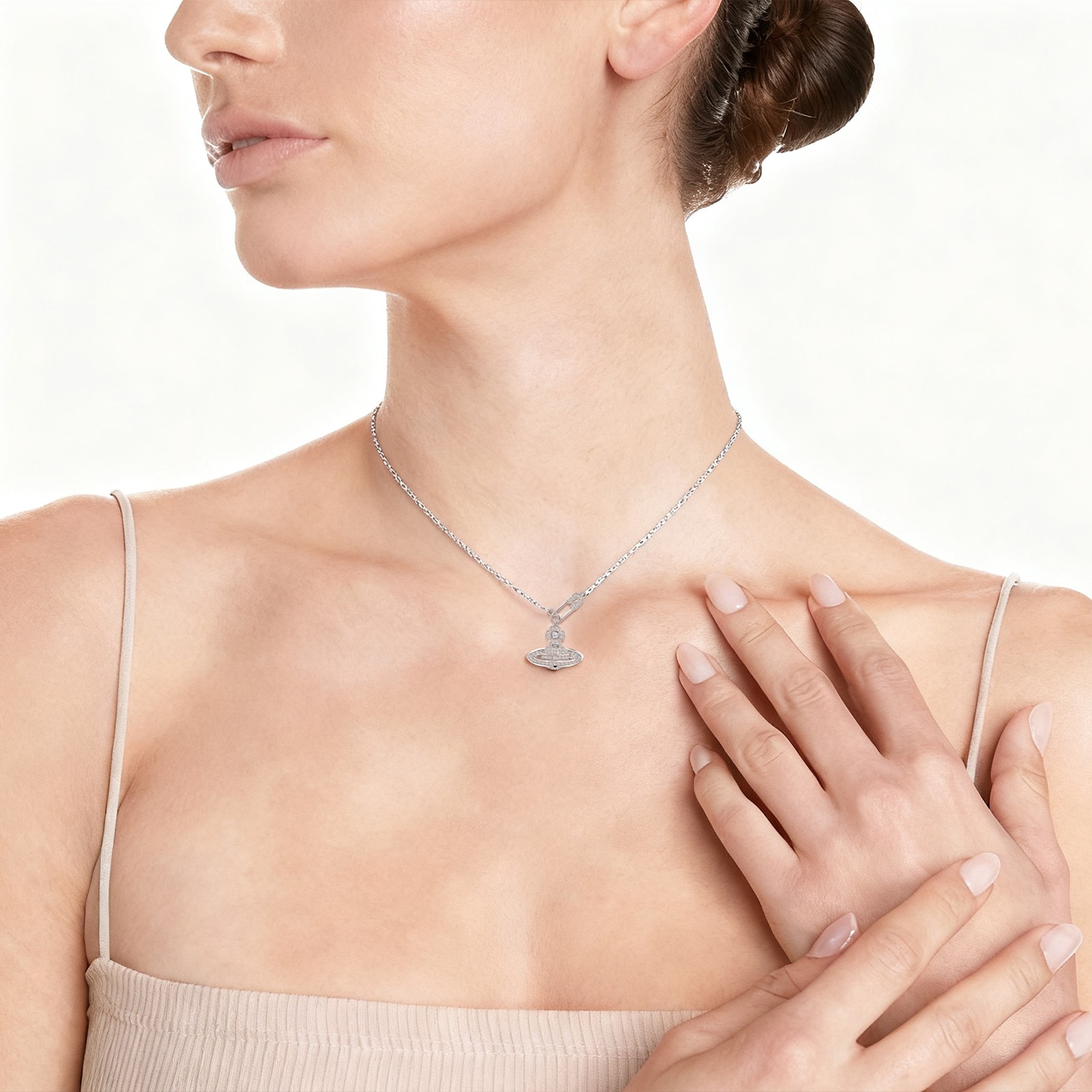 925 Silver Saturn Pendant Necklace (Pin & Zircon, 39+4cm, Gift for Her)