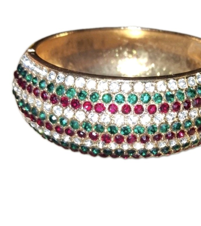 Gold Tone Pave Rhinestone Clamper Bangle Cuff Statement Bracelet