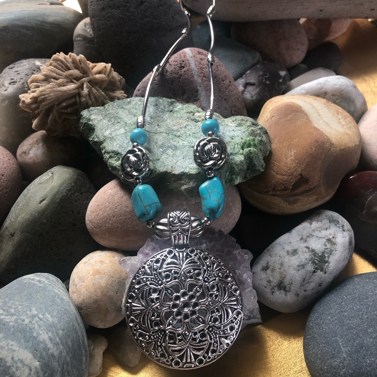 Vintage Style Boho 925 Silver Plated Turquoise Carved Alloy Medallion Pendant