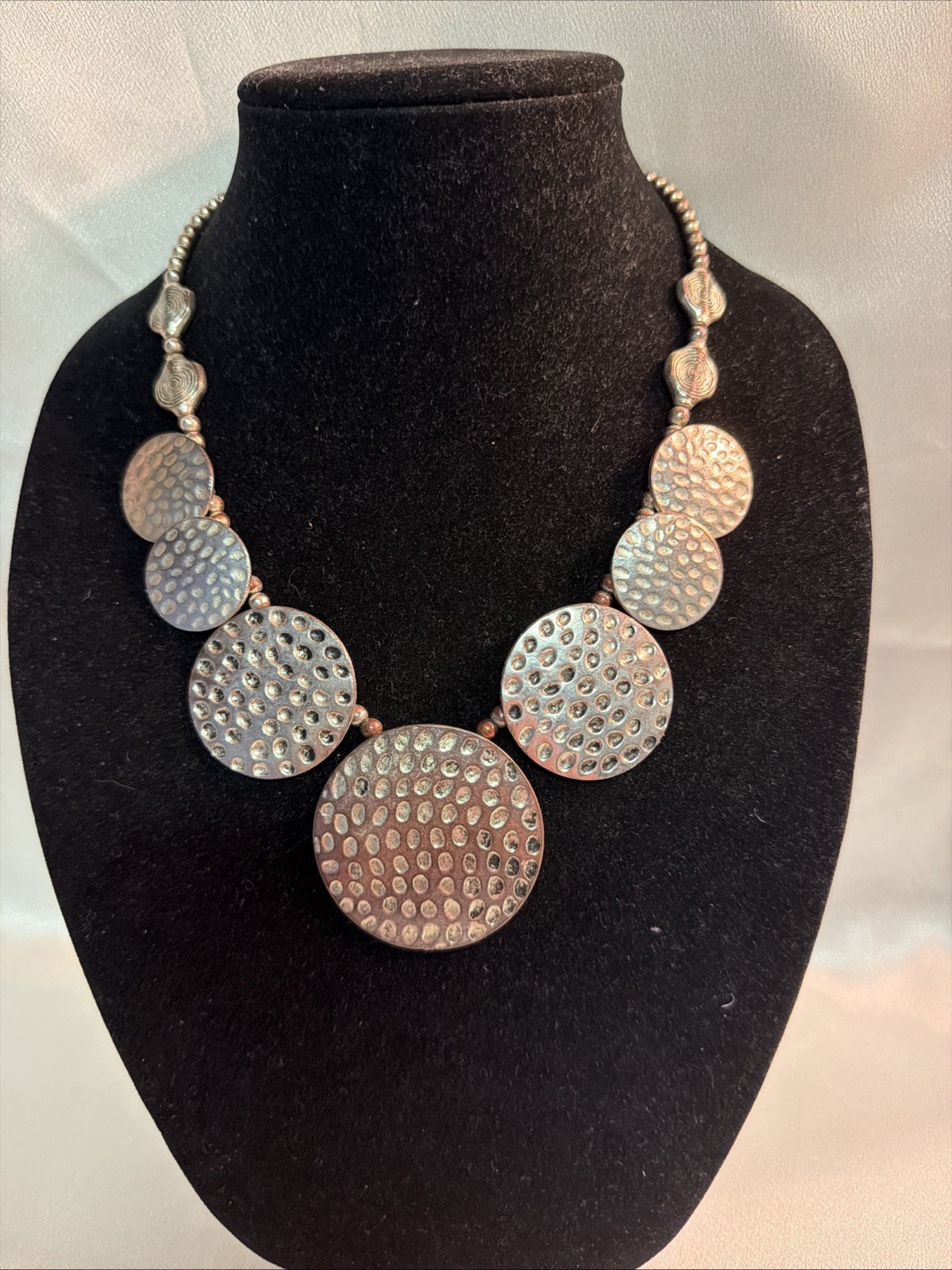 Retro Hammered Medallion And Beaded Necklace. 16 Inches Long Adjustable.
