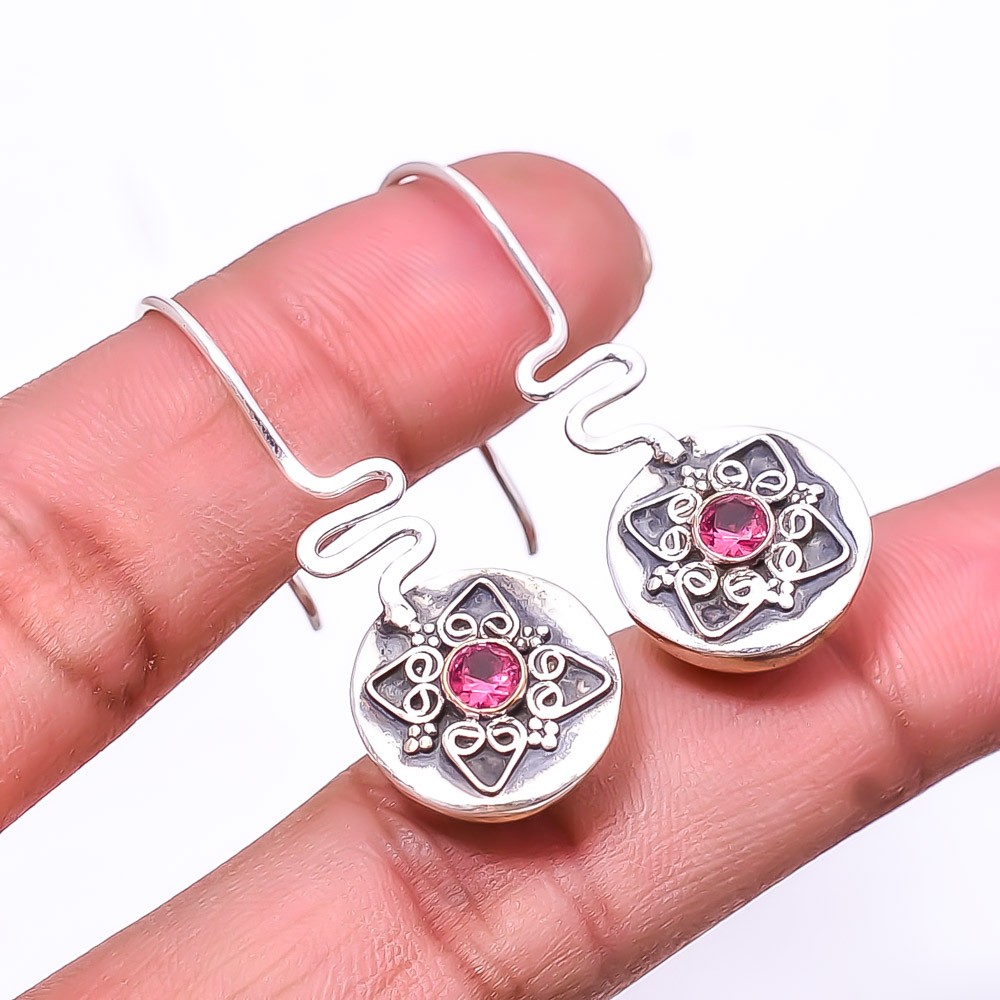 Ruby -Simulated -Simulated 925 Sterling Silver Two Tone Earring 1.56″