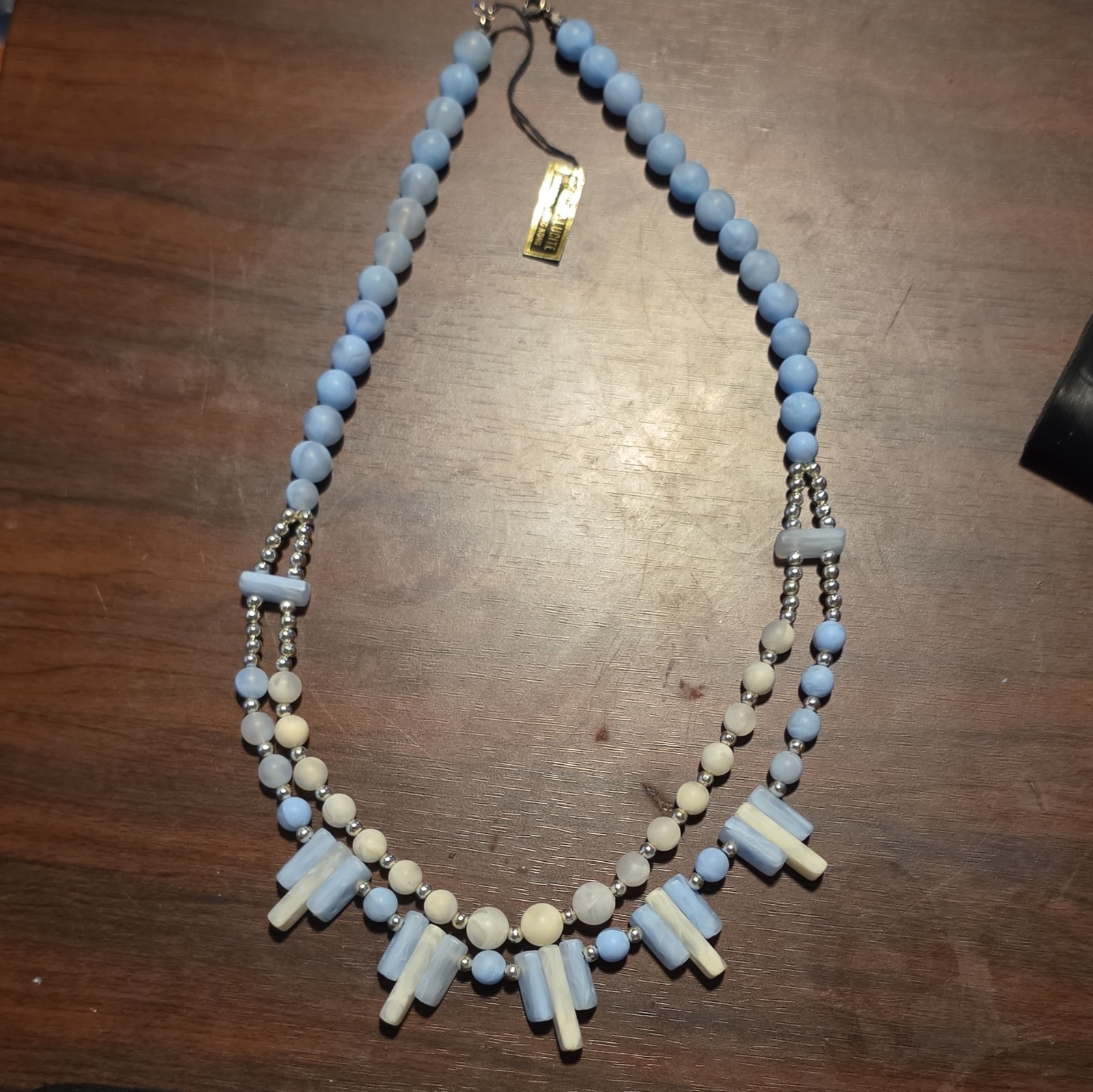 Blue & White Lucite Beaded Statement Necklace Hook Clasp Hong Kong 21in